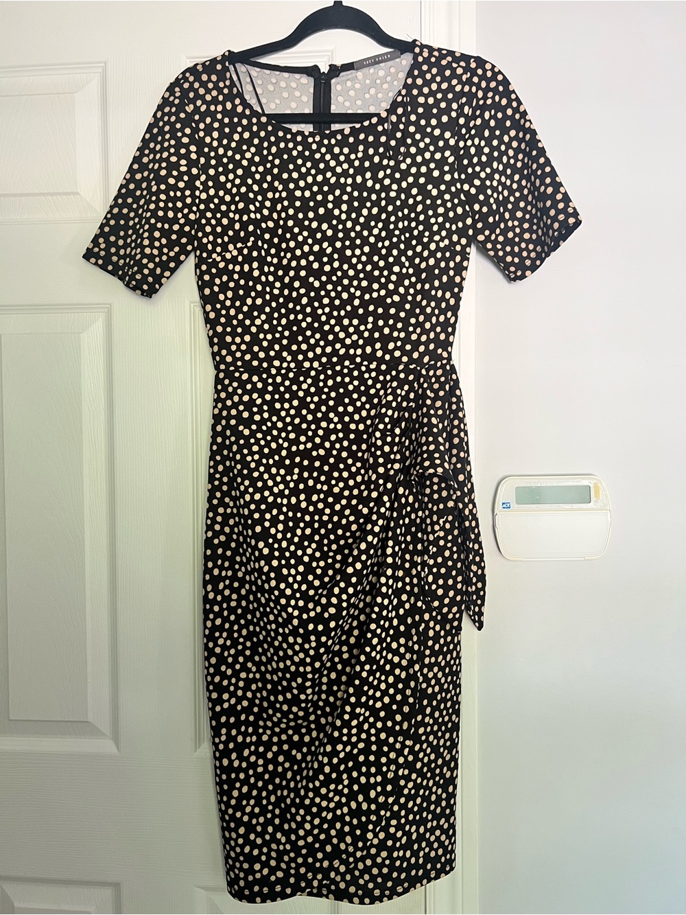 Suzy Shier Black Dress with Cream Polka Dots
